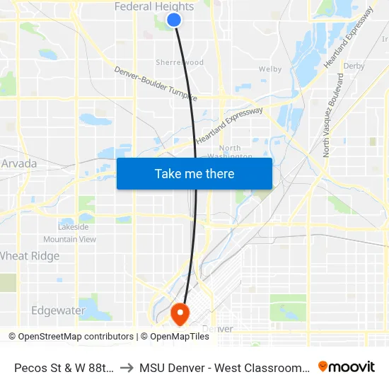 Pecos St & W 88th Ave to MSU Denver - West Classroom Building map
