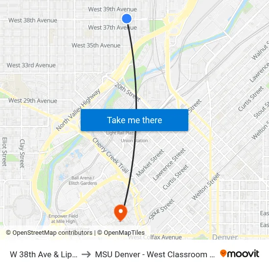 W 38th Ave & Lipan St to MSU Denver - West Classroom Building map