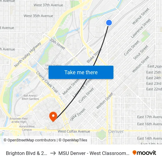 Brighton Blvd & 29th St to MSU Denver - West Classroom Building map