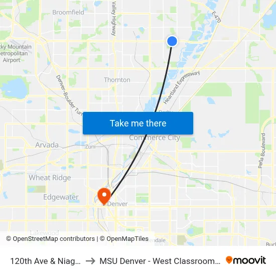 120th Ave & Niagara St to MSU Denver - West Classroom Building map