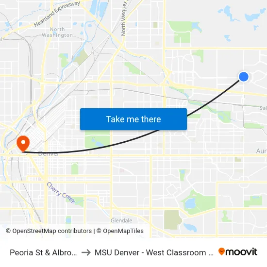 Peoria St & Albrook Dr to MSU Denver - West Classroom Building map