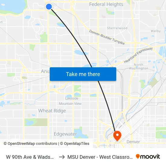 W 90th Ave & Wadsworth Blvd to MSU Denver - West Classroom Building map