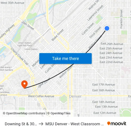 Downing St & 30th St to MSU Denver - West Classroom Building map