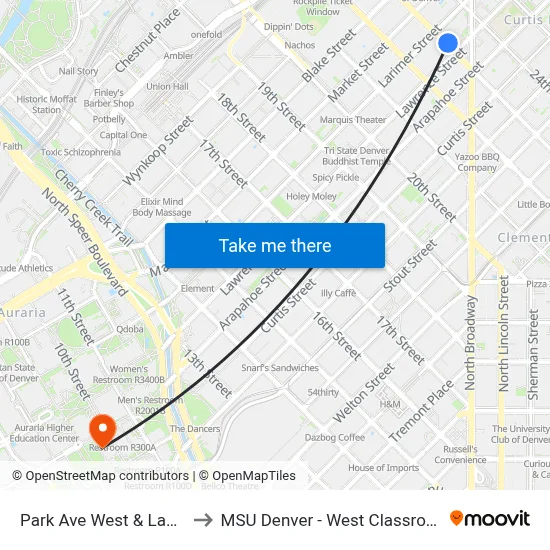 Park Ave West & Lawrence St to MSU Denver - West Classroom Building map