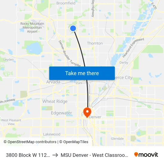 3800 Block W 112th Ave to MSU Denver - West Classroom Building map