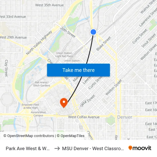 Park Ave West & Wewatta St to MSU Denver - West Classroom Building map