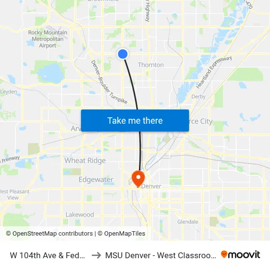 W 104th Ave & Federal Blvd to MSU Denver - West Classroom Building map