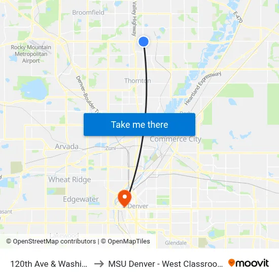 120th Ave & Washington St to MSU Denver - West Classroom Building map