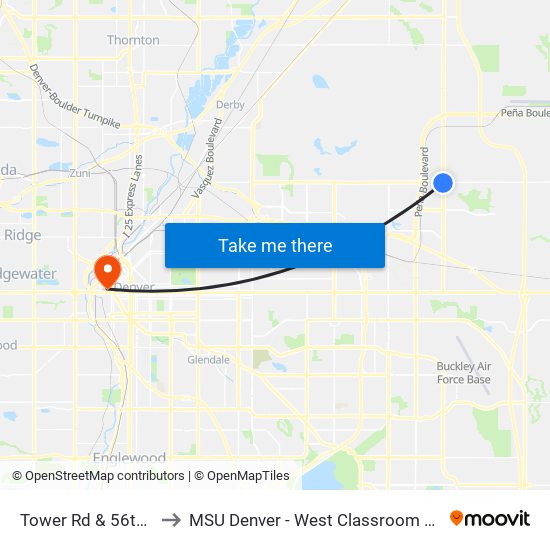 Tower Rd & 56th Ave to MSU Denver - West Classroom Building map