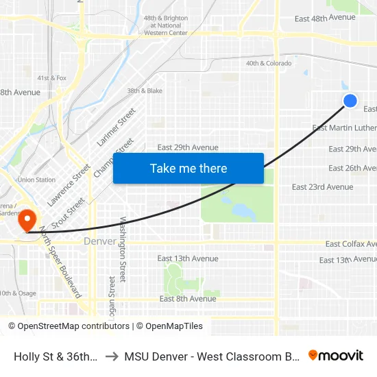 Holly St & 36th Ave to MSU Denver - West Classroom Building map
