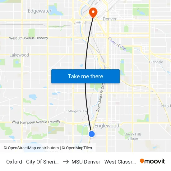 Oxford - City Of Sheridan Station to MSU Denver - West Classroom Building map