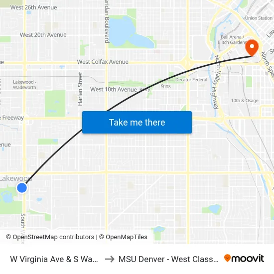 W Virginia Ave & S Wadsworth Blvd to MSU Denver - West Classroom Building map