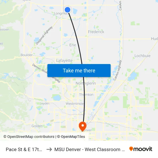 Pace St & E 17th Ave to MSU Denver - West Classroom Building map