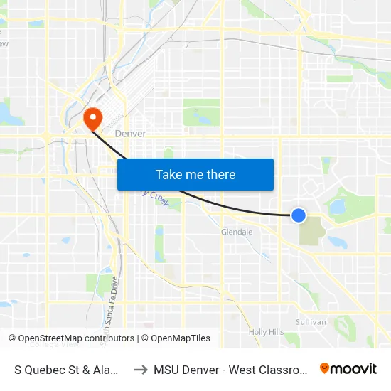 S Quebec St & Alameda Ave to MSU Denver - West Classroom Building map