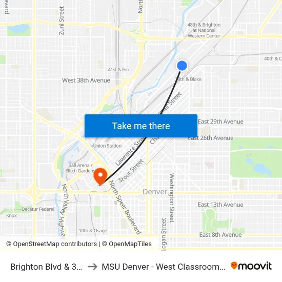 Brighton Blvd & 38th St to MSU Denver - West Classroom Building map