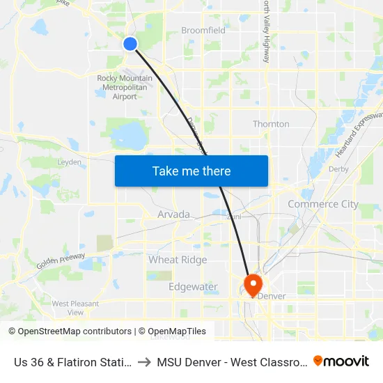 Us 36 & Flatiron Station Gate B to MSU Denver - West Classroom Building map