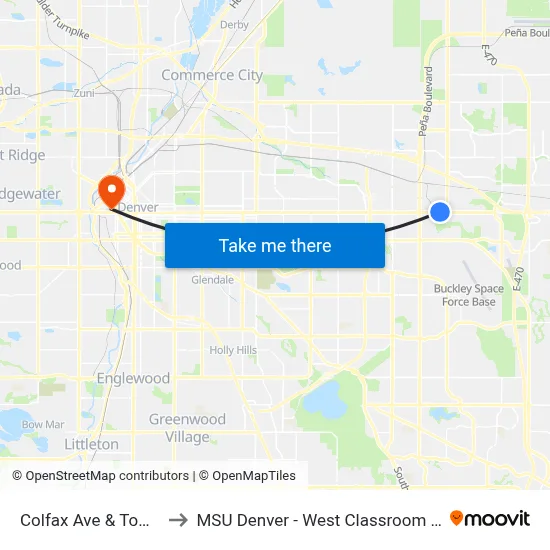 Colfax Ave & Tower Rd to MSU Denver - West Classroom Building map