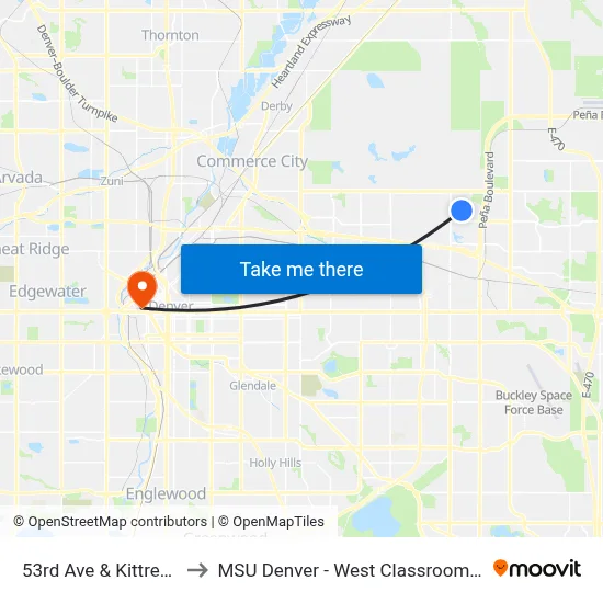 53rd Ave & Kittredge St to MSU Denver - West Classroom Building map