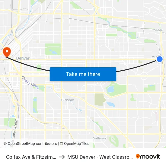 Colfax Ave & Fitzsimons Pkwy to MSU Denver - West Classroom Building map