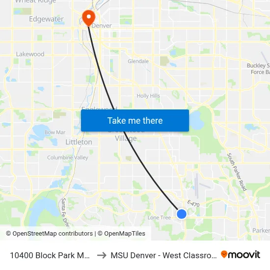10400 Block Park Meadows Dr to MSU Denver - West Classroom Building map