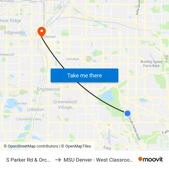 S Parker Rd & Orchard Rd to MSU Denver - West Classroom Building map