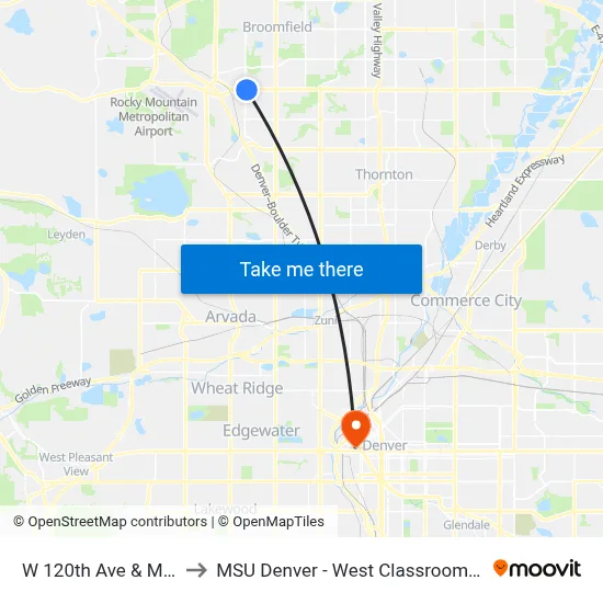 W 120th Ave & Main St to MSU Denver - West Classroom Building map