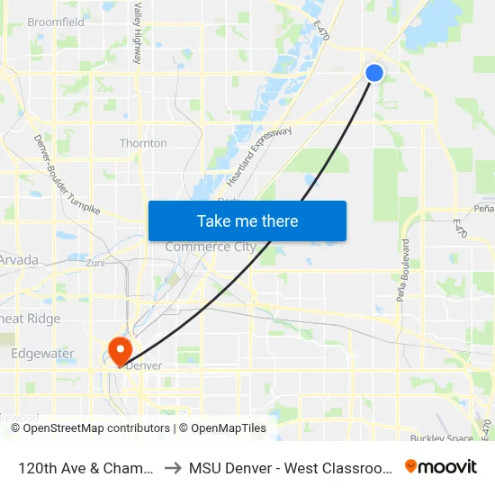 120th Ave & Chambers Rd to MSU Denver - West Classroom Building map