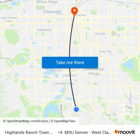 Highlands Ranch Town Center Pnr Gate B to MSU Denver - West Classroom Building map