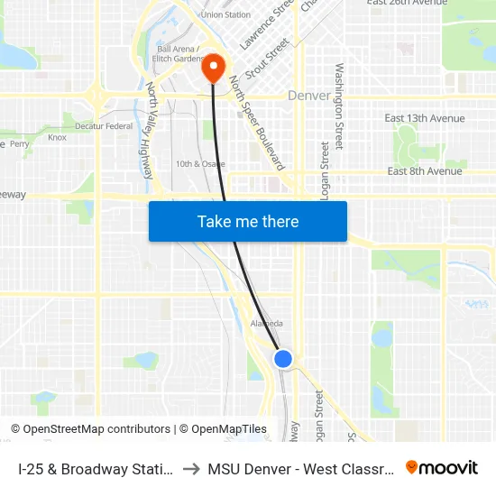 I-25 & Broadway Station Gate D1 to MSU Denver - West Classroom Building map