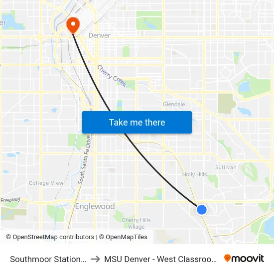 Southmoor Station Gate F to MSU Denver - West Classroom Building map