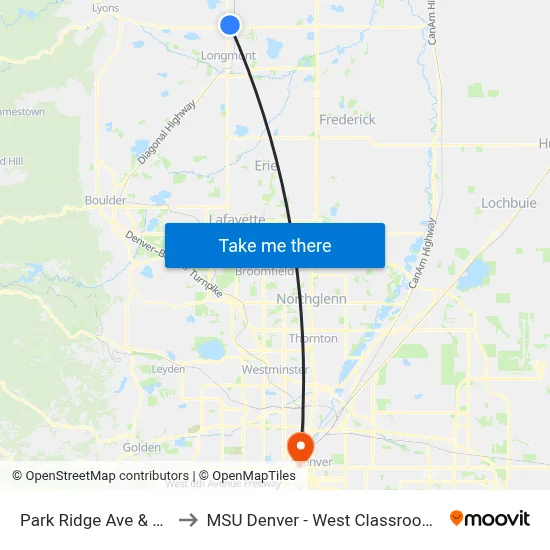 Park Ridge Ave & Main St to MSU Denver - West Classroom Building map