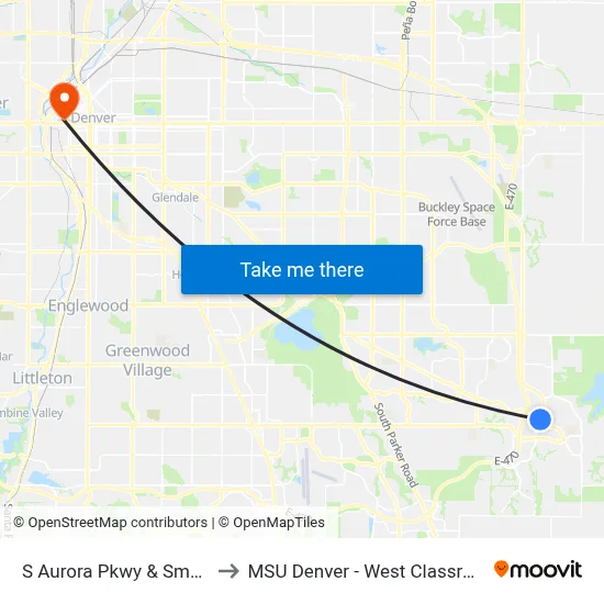 S Aurora Pkwy & Smoky Hill Rd to MSU Denver - West Classroom Building map