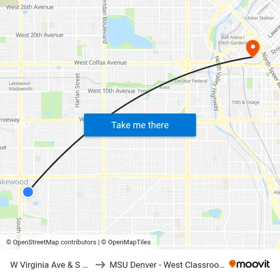 W Virginia Ave & S Vance St to MSU Denver - West Classroom Building map