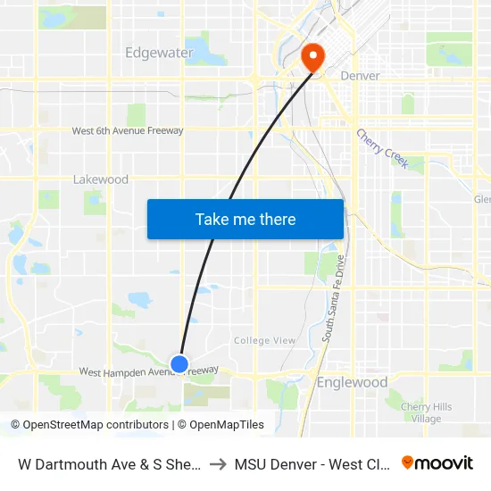 W Dartmouth Ave & S Sheridan Blvd Nearside to MSU Denver - West Classroom Building map