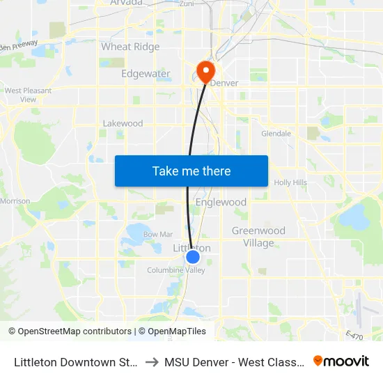 Littleton Downtown Station Gate C to MSU Denver - West Classroom Building map