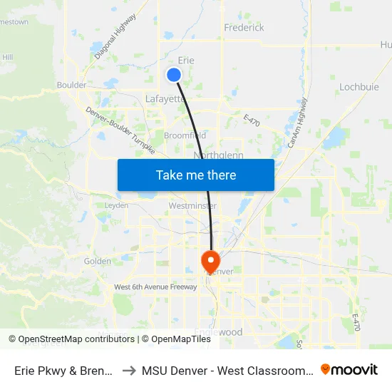 Erie Pkwy & Brennan St to MSU Denver - West Classroom Building map