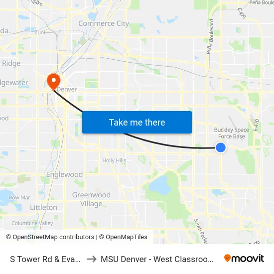 S Tower Rd & Evans Ave to MSU Denver - West Classroom Building map