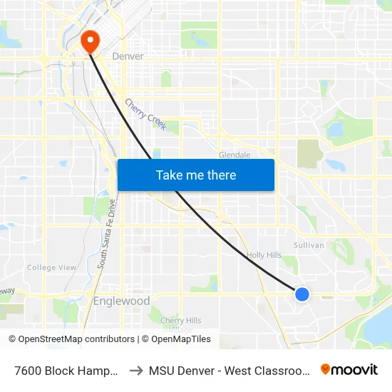 7600 Block Hampden Ave to MSU Denver - West Classroom Building map