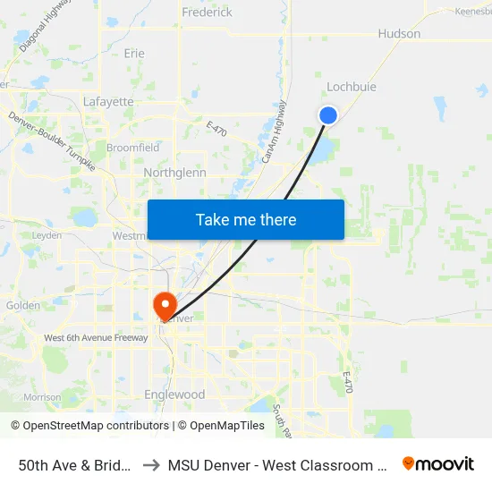 50th Ave & Bridge St to MSU Denver - West Classroom Building map