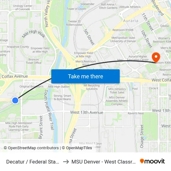 Decatur / Federal Station Gate D to MSU Denver - West Classroom Building map