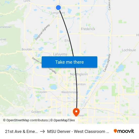 21st Ave & Emery St to MSU Denver - West Classroom Building map