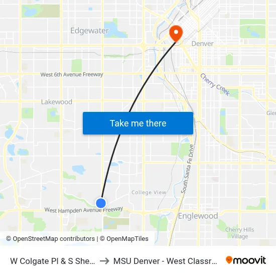 W Colgate Pl & S Sheridan Blvd to MSU Denver - West Classroom Building map
