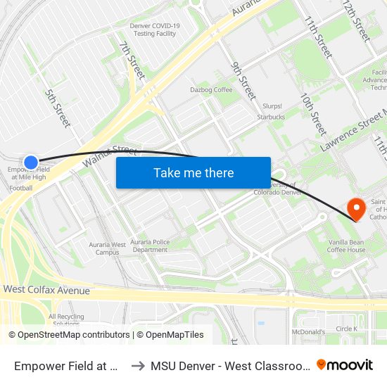 Empower Field at Mile High to MSU Denver - West Classroom Building map