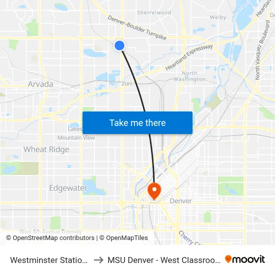 Westminster Station Gate B to MSU Denver - West Classroom Building map