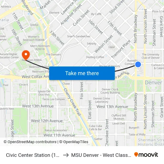 Civic Center Station (16th Drop-Off) to MSU Denver - West Classroom Building map