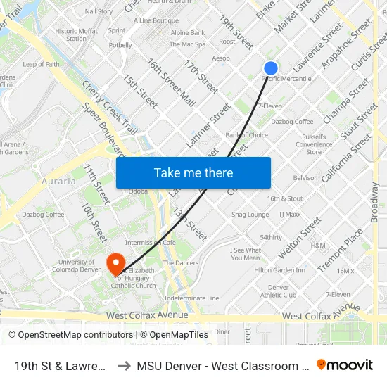 19th St & Lawrence St to MSU Denver - West Classroom Building map
