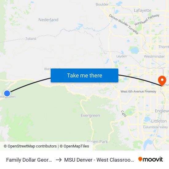 Family Dollar Georgetown to MSU Denver - West Classroom Building map