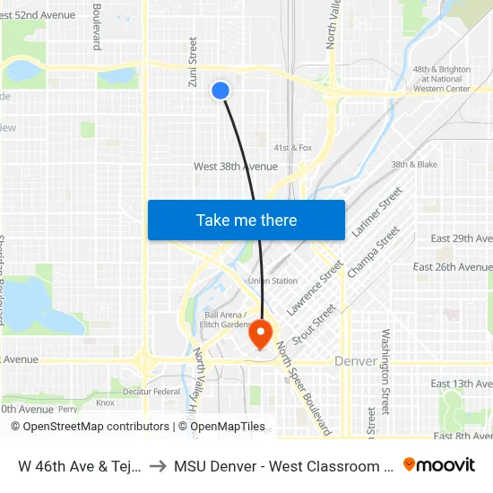 W 46th Ave & Tejon St to MSU Denver - West Classroom Building map