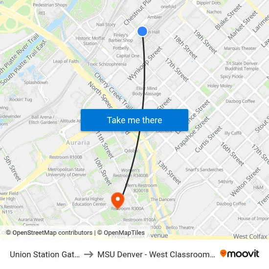 Union Station Gate B19 to MSU Denver - West Classroom Building map