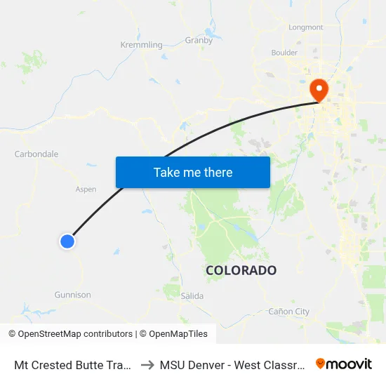 Mt Crested Butte Transit Center to MSU Denver - West Classroom Building map